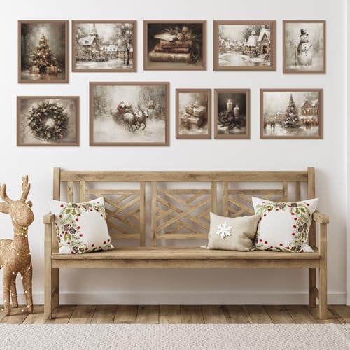 Whaline 10-Piece Christmas Wall Art Prints Set – Vintage Rustic Snowman Santa Trees Posters