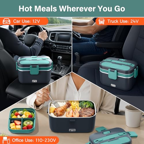 Electric Heated Lunch Box 2.8L Food Warmer Portable Stainless Steel & Plastic - Gray & Green