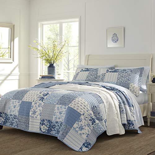 Laura Ashley Twin Quilt Set with Reversible Patchwork Paisley Design, Blue, 100% Cotton Bedding