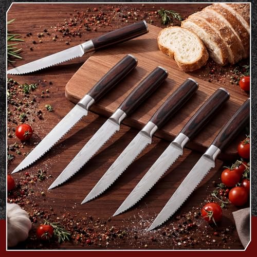 12-Piece Steak Knife Set with Pakkawood Handles - Sharp Serrated Blades, Gift Box