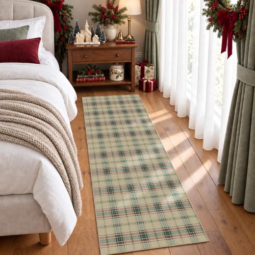 Rugxara Green Christmas Checkered Runner Rug 2x5, Washable Holiday Decor