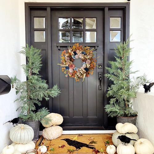 24-Inch Fall Flowers Wreath with Eucalyptus and Maple Leaves for Front Door