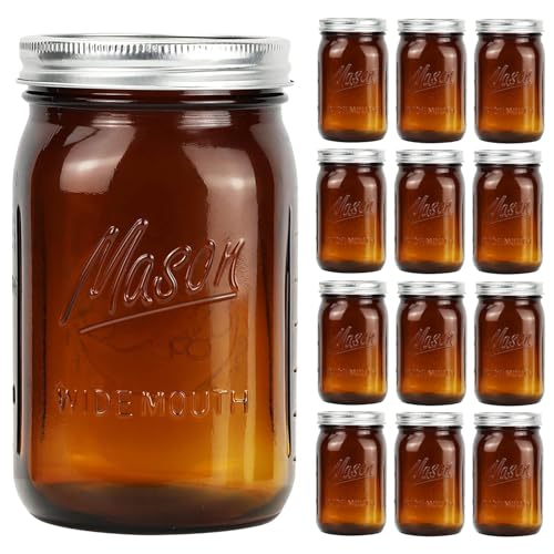 Amber Wide Mouth Mason Jars 32 oz with Metal Airtight Lids - Vintage Food Storage, Canning & Preserving - 12 Pack