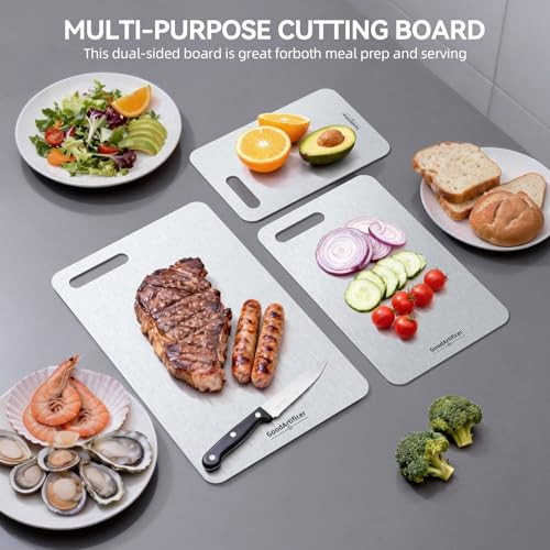 Titanium Cutting Boards Set of 3 - Double-Sided Non-Toxic Kitchen Chopping Boards with Handles - Silver, 16"x10", 13"x8", 10.5"x6.5"