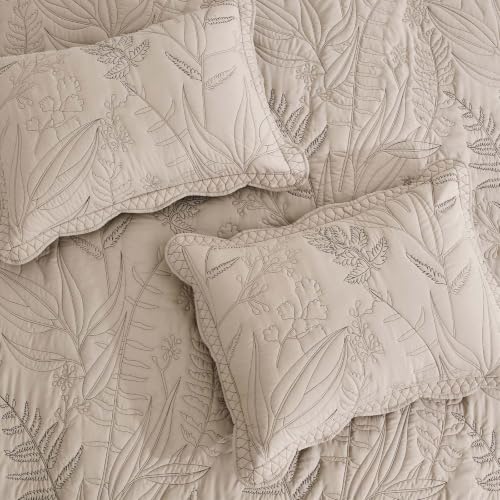 Oversized Full Bedspread Set with Leaf Stitching and Shams - Taupe, 5 Pieces - Variation of THIS listing