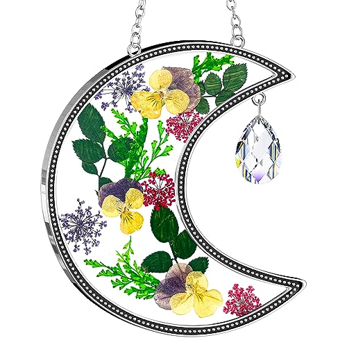 KY&BOSAM Moon Suncatcher Gifts for Mom Family Friends Stained Glass Suncatchers for Windows Hangings Wind Chimes with Real Flower Colorful Crystal Outdoor for Garden Indoor Home Christmas Trees Decor