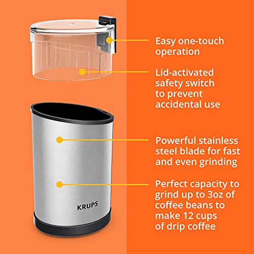KRUPS Stainless Steel Coffee & Spice Grinder, 3oz Capacity, One-Touch Operation