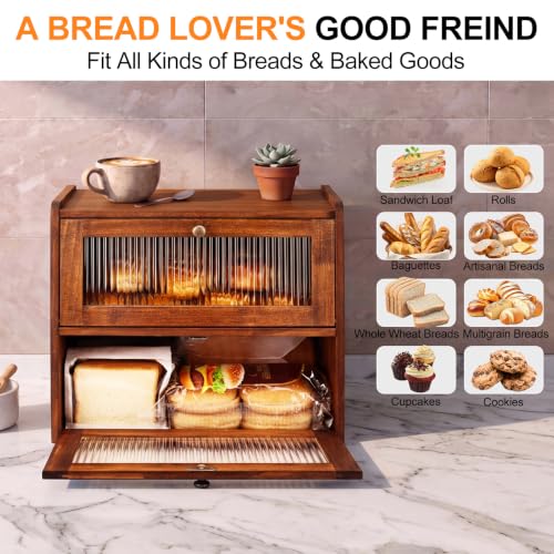 Retro Brown Large Double Layer Bread Box for Kitchen Countertop - Alpeir