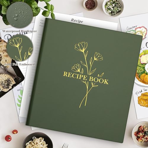 Lanpn Recipe Binder - 8.5x11 Green Waterproof Organizer with 60 Sleeves & Dividers