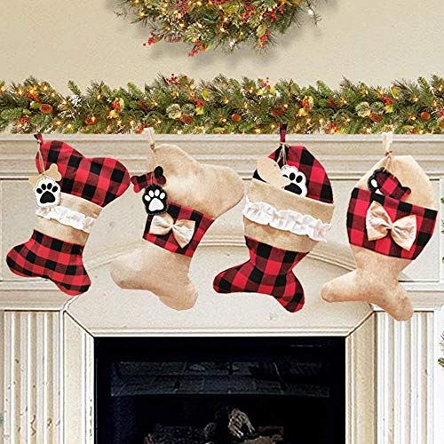 YELAIVP Set of 4 Pet Christmas Stockings Burlap Plaid Holiday Hanging Socks for Dogs Cats