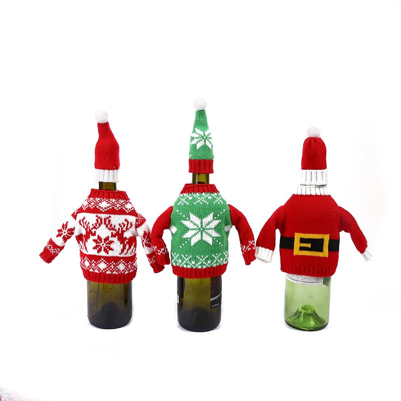 Christmas Sweater Wine Bottle Cover Set (3 Pack) with Hat - Holiday Party Decor