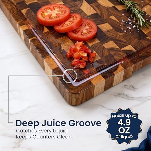 HOMESTEAD Natural End Grain Acacia Wood Cutting Board 23x18 with Juice Groove & Handles