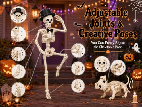 Gleemoria 3PC Halloween Skeleton Decorations Set - Life-Size Skeletons & Dog, Adjustable, Waterproof Lights
