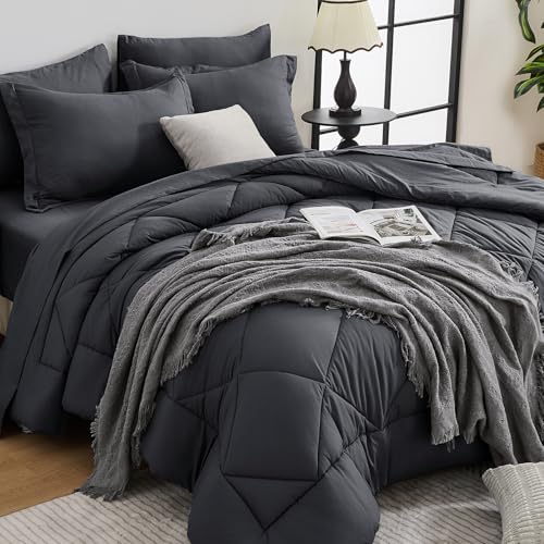 HEVUMYI 7-Piece California King Comforter Set Dark Gray Bed in a Bag - Cal King (104x96")