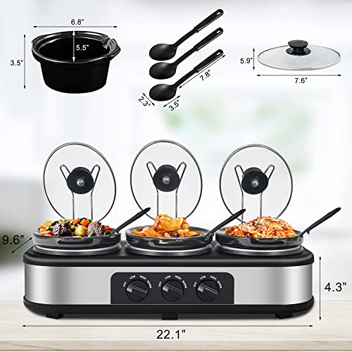 HEYNEMO 4.5 Qt Silver Triple Slow Cooker Buffet Server with 3 Ceramic Pots