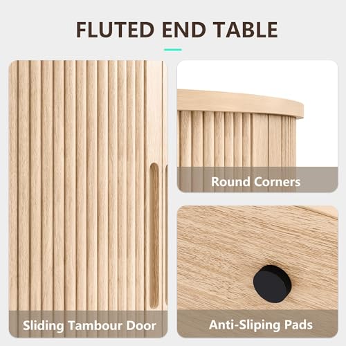 Oak Round End Table with Fluted Panel and Sliding Door - Mid Century Modern Boho Nightstand