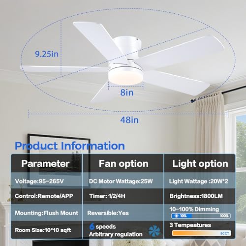 48-Inch White Ceiling Fan with Light and Remote - Low Profile Flush Mount