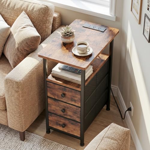 Narrow Side Table with Charging Station - Brown Power Style, Small End Table