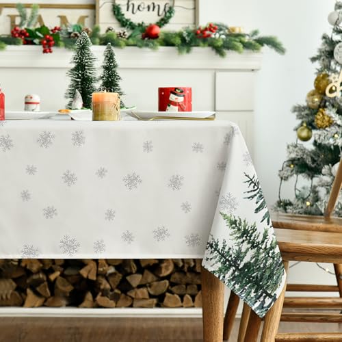 Horaldaily 60 x 104 Inch Christmas Tablecloth - Rectangular White Snow Trees