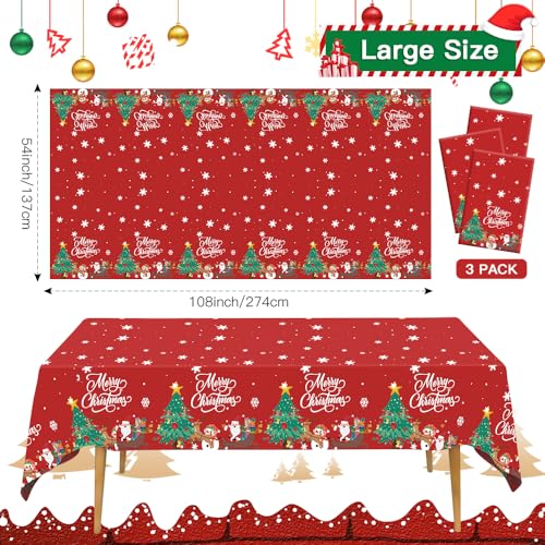 Leislam 3 Pack Red & White Disposable Plastic Christmas Tablecloths 54x108 Inch