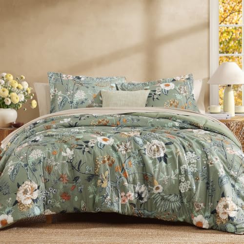 Avocado Green Floral Oversized Queen Comforter Set – 7-Piece Bed in a Bag, Farmhouse Bedding
