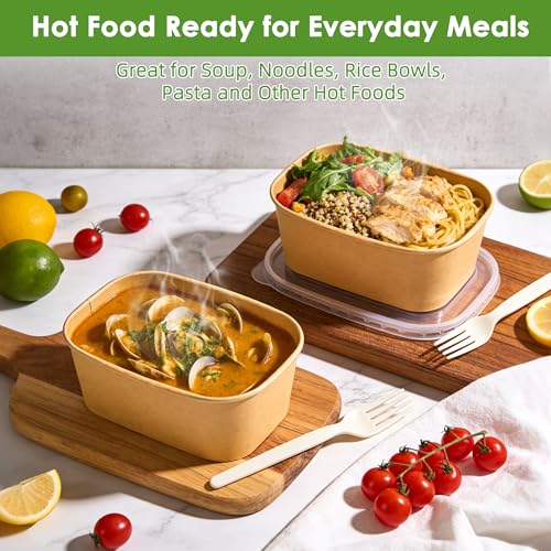 Brown 30oz Disposable Kraft Paper Food Containers with Lids & Forks - Takeout & Meal Prep