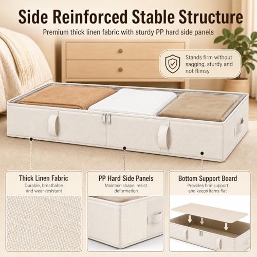 Beige Underbed Storage Container - 6 Inches Tall 60L with Handles & Clear Window - 2-Pack