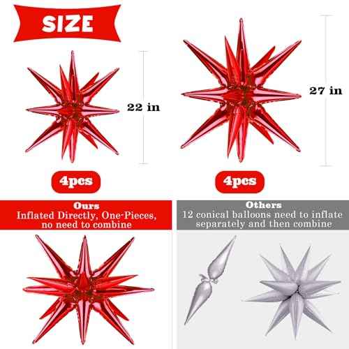 8 Pcs Red Star Balloons, 27/22 inch One-Piece Explosion Balloons Aluminum Foil Balloons for Birthday, Christmas, Wedding, Backdrop, Anniversary, Graduation Party Decorations(Red)