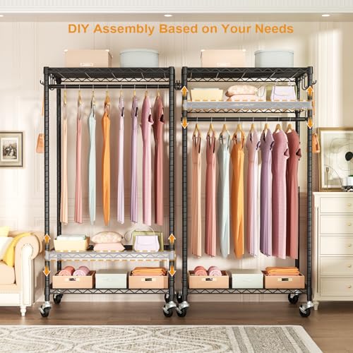 FUTASSI Black Rolling Clothes Rack with Adjustable Shelves & Heavy Duty Support