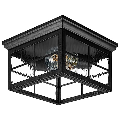 Outdoor Flush Mount Ceiling Light Fixture - Black Water Glass Weatherproof