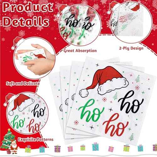 100 Pcs Funny Christmas Napkins, Disposable Christmas HoHoHo Cocktail Napkins Santa Holiday Paper Napkin Xmas Beverage Dessert Napkin for Winter, Holiday Dinner, 5 * 5 Inch