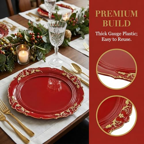 Red Charger Plates 13 Inch Embossed Plastic Set of 6 for Wedding & Party – Umisriro