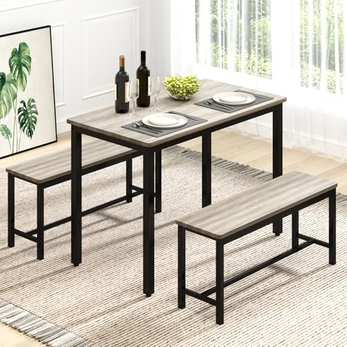 Light Grey 43-Inch Dining Table Set with 2 Benches for 4, Modern Space-Saving Kitchen Furniture