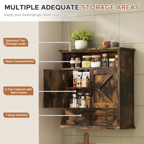 Rustic Brown Bathroom Wall Cabinet - 24.4"H x 23.6"W x 9"D Wall Mounted Medicine Cabinet