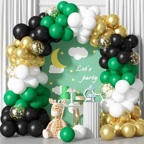 Black Gold Green Balloons 60 Pcs Dark Green White Black Metallic Gold Balloons 12 Inch Football Soccer Video Game Christmas Balloon for Boy Men Jungle Graduation Baby Shower Birthday Party Decorations