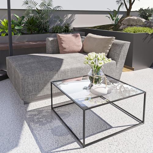 Black Glass Coffee Table Modern Center Table with Metal Frame - Easy Assembly