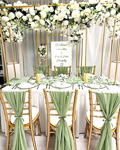 Sage Green Table Runner 27x120in Chiffon 1pc with White Ribbon – 10ft Wedding Decor