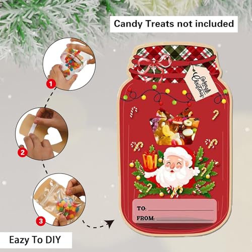 48 Pack Christmas Mason Jar Cards 8 Design DIY Candy Cards with 50 Clear Treat Bags for Stocking Stuffers, Kids Christmas Party Favors Supplies, Holidays Classroom Prizes, Exchange Gift