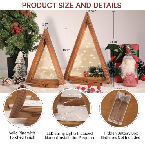 6 Pcs Wooden Christmas Tree with Lights Set - Charred Pine Tabletop Holiday Decor