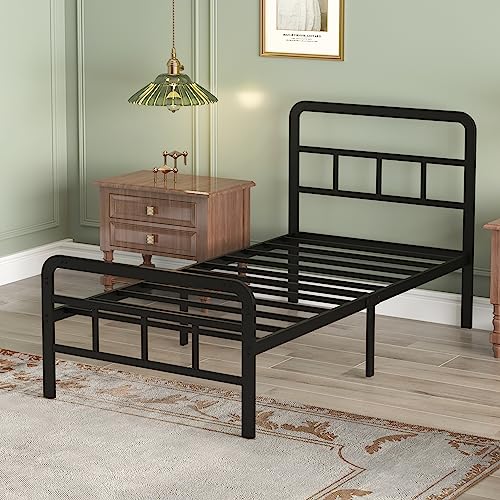 Modern Twin Bed Frame with Headboard & Footboard - Steel Slat Support, No Box Spring Needed, Easy Assembly, Black - 14 Inch