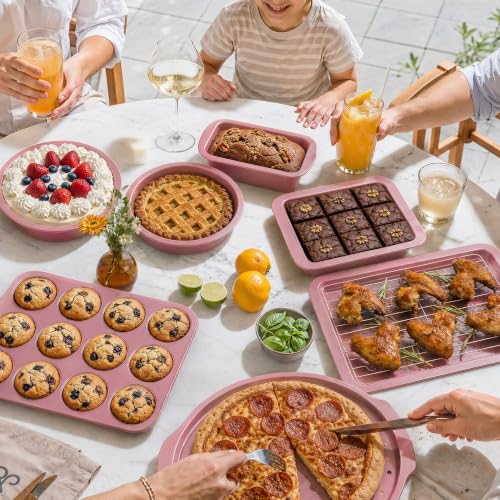 Pink Bakeware Set with 12 Nonstick Pans & Rack - Rose Pink