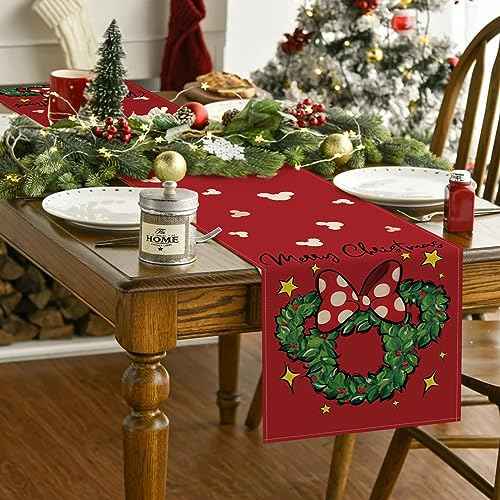 Seliem Merry Christmas Wreath Table Runner, Xmas Red Polka Dot Bow Stars Kitchen Dining Table Decor, Winter Holiday Farmhouse Home Decoration Indoor Outdoor Party Supply 13 x 72 Inches