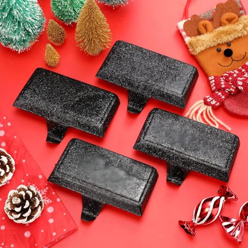 Huwena 6 Pcs Glittery Black Stocking Holders - Christmas Mantel Hooks