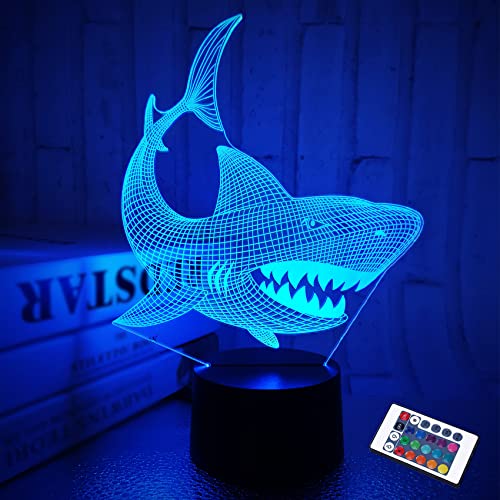 FULLOSUN Shark 3D Illusion Night Light Animal Touch Table Desk Lamp, with Remote Control 16 Colors Optical USB LED Nightlight for Kids Holiday Gift Room Decoration