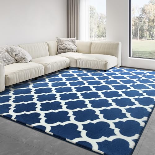 Large Geometric Modern Area Rug for Living Room Bedroom, 5x8 ft Plush Moroccan Bedroom Rugs Kids Rugs for Playroom Soft Throw Carpets for Office Dining Room Decor, Navy Blue & White