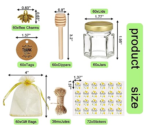 Mini Glass Honey Jars 1.5oz with Bee Accessories - 60 Pack for Favors & Storage