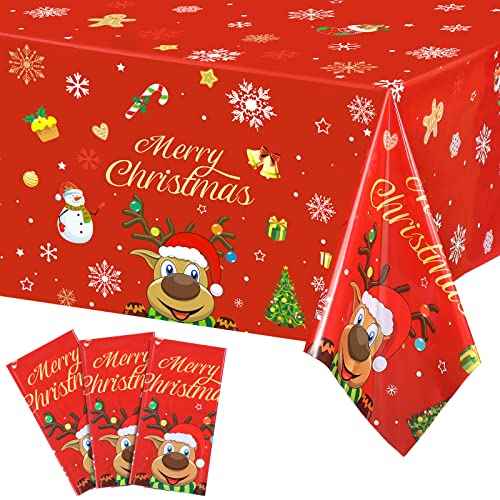 Irenare Christmas Tablecloth Plastic Reindeer Tablecloth Elk Merry Christmas Table Cover for Xmas Dinner Winter Holiday Party Decoration and Supplies, 54 x 108 Inch(3 Pieces)