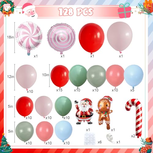 Togvu Christmas Balloon Garland Kit - Red Pink Green Candy Cane Foil Balloons, 128 Latex Balloons & 6 Foil Balloons