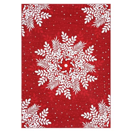 GarveeHome Christmas Snowflake Area Rug 6x9 ft Red Washable Non-Slip Low Pile