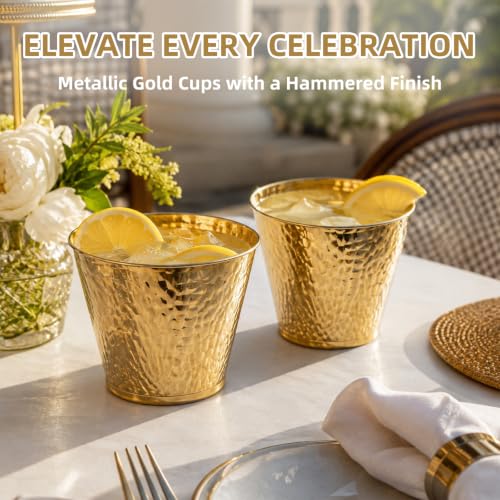 MiraFure Gold Hammered Plastic Party Cups 9oz - BPA-Free, Leakproof, Disposable, Elegant Drinkware for Weddings & Events